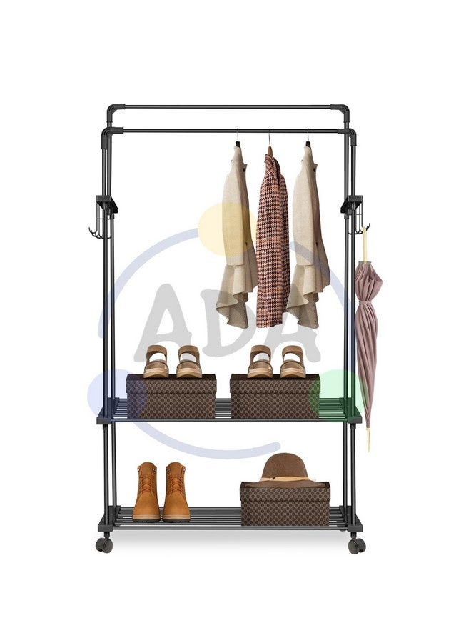 ADA حامل ملابس معدني مزدوج الطبقة على عجلات من أدا، سكة ملابس متعددة الوظائف مع 10 خطافات جانبية و 2 رف سفلي - أسود (83 × 31 × 156 سم) - Image 2