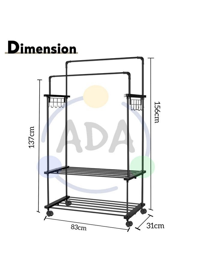 ADA حامل ملابس معدني مزدوج الطبقة على عجلات من أدا، سكة ملابس متعددة الوظائف مع 10 خطافات جانبية و 2 رف سفلي - أسود (83 × 31 × 156 سم) - Image 5
