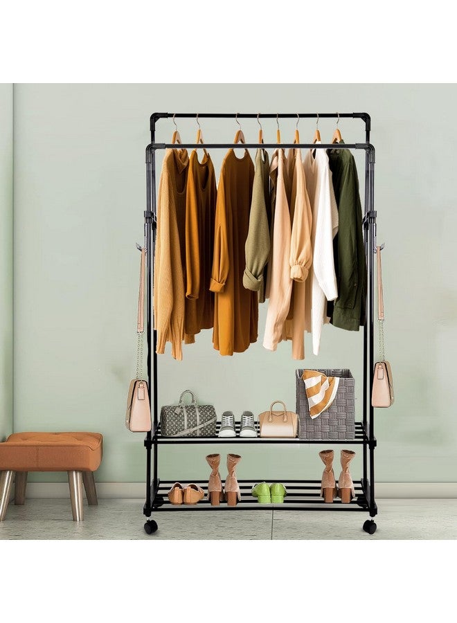 ADA حامل ملابس معدني مزدوج الطبقة على عجلات من أدا، سكة ملابس متعددة الوظائف مع 10 خطافات جانبية و 2 رف سفلي - أسود (83 × 31 × 156 سم) - Image 1