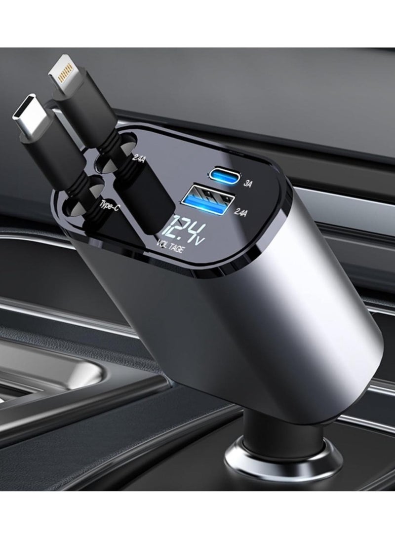 شاحن سيارة تلسكوبي: منفذ مزدوج لأجهزة iOS والنوع C، مع محول طاقة السيارة - Image 1