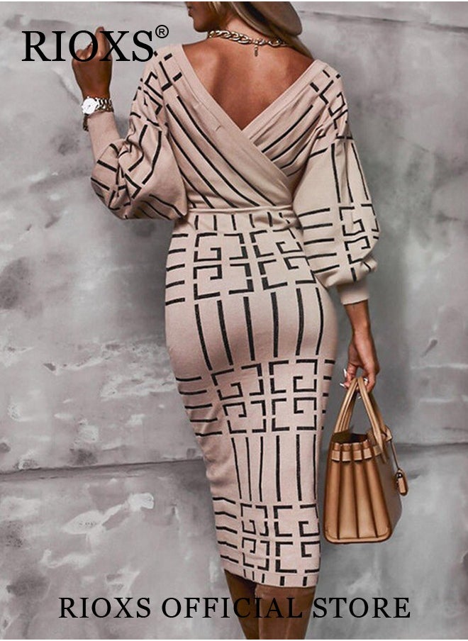 RIOXS Women's Elegant High Waist Dress, V-neck Knitted Jumper Dress with Knee Length, Warm Slim Fit Pullover Dress, Stylish Exquisite Evening Prom Dress, Perfect for Both Casual and Formal Occasions  - Image 3
