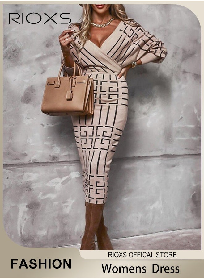 RIOXS Women's Elegant High Waist Dress, V-neck Knitted Jumper Dress with Knee Length, Warm Slim Fit Pullover Dress, Stylish Exquisite Evening Prom Dress, Perfect for Both Casual and Formal Occasions  - Image 1