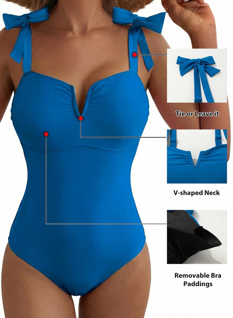 Aleumdr 2026 Retro One Piece Swimsuit for Women Tummy Control Bathing Suits V Neck Boho Tie Shoulder Monokini Swimming Athletic Swimwear Solid Prussian Blue Large - Image 4
