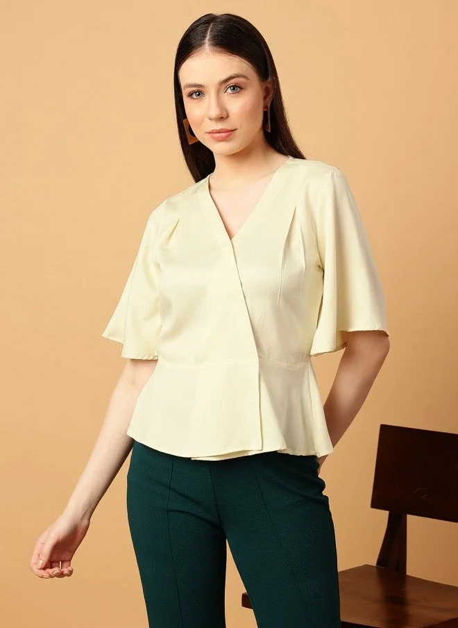 مينت ستريت Cream V-Neck Flared Sleeve Top for Women
