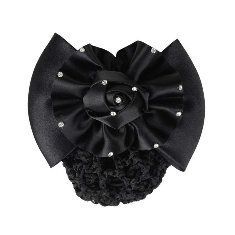 Womens Rhinestone Satin Bow Hair Accessory  Barrette Bowknot Snood and Net Hair Clip for Hotel Airline and Medical Professionals Black