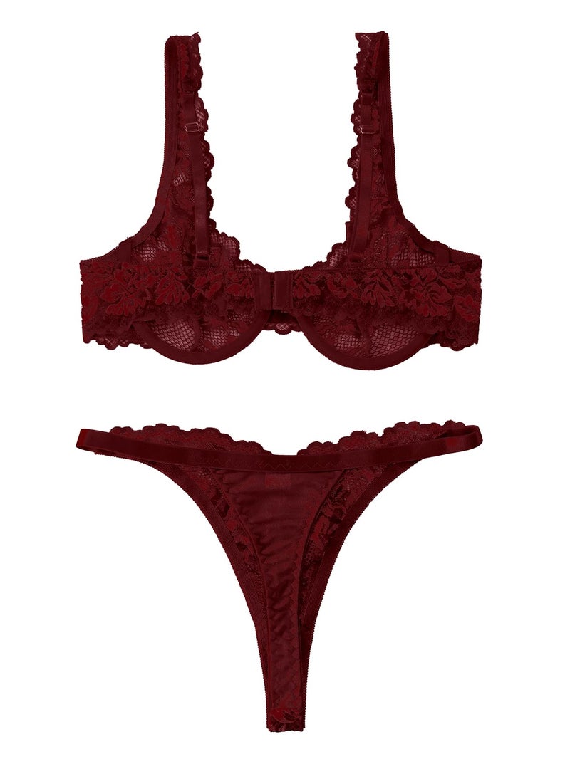 Lilosy Sexy Floral Lace Scallop Underwire Push Up Sheer Lingerie Set Outfits Women See Through Match Thong Bra and Panty 2 Piece Wine Red Medium - Image 5