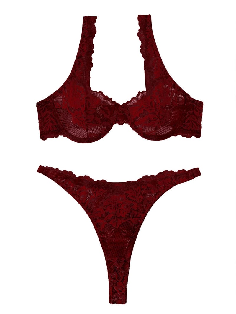 Lilosy Sexy Floral Lace Scallop Underwire Push Up Sheer Lingerie Set Outfits Women See Through Match Thong Bra and Panty 2 Piece Wine Red Medium - Image 4