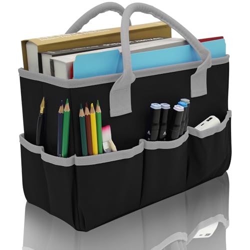 Cupohus Art Organizer Craft Storage Tote Bag with Pockets and Hadles Oxford Fabric Carrying Caddy for Teacher Officer Artist Students Traveler and more Black with Grey Edge
