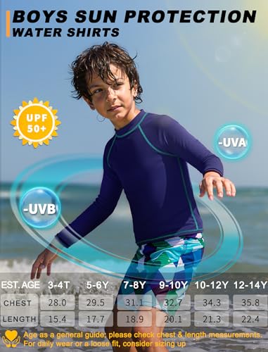 BIGANT Boys Rash Guard Swim Shirt Long Sleeve UPF 50+ Rashguard Quick Dry Kids Youth Fishing Water Sun UV SPF Swimwear Tops(Navy,10-12Y) - Image 2