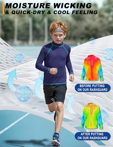 BIGANT Boys Rash Guard Swim Shirt Long Sleeve UPF 50+ Rashguard Quick Dry Kids Youth Fishing Water Sun UV SPF Swimwear Tops(Navy,10-12Y) - Image 3