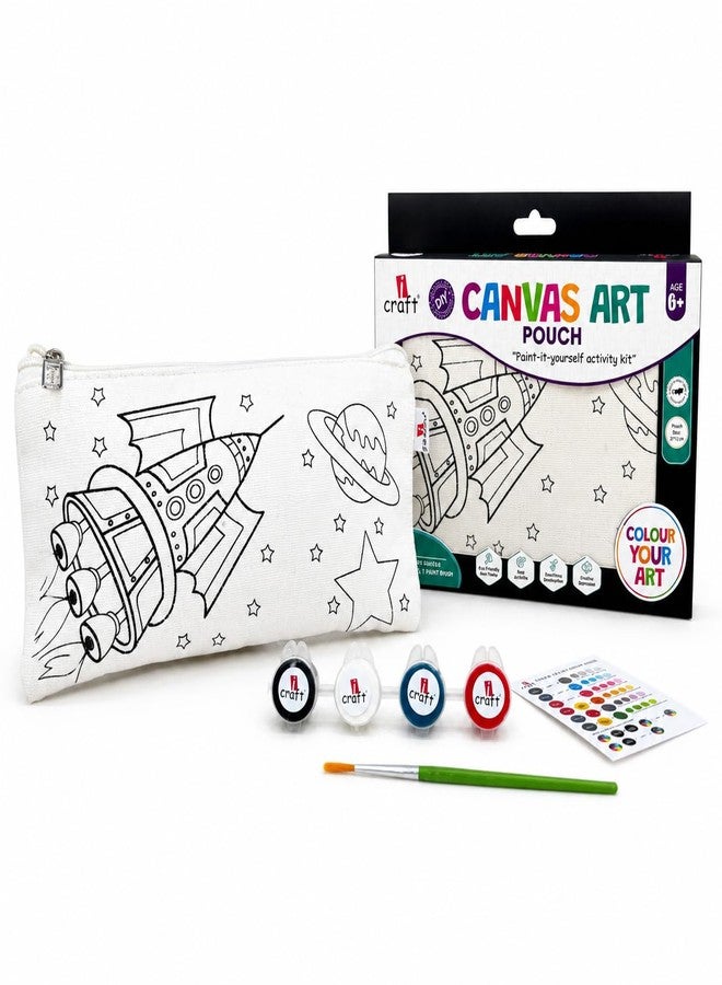 iCraft DIY Art and Craft Canvas Pouch Making Kit |Pack with 4 Chalk Paintsx10ml Each, Set of Round Brushes (1U) | Paint It Yourself Activity Kits for Ages 3+ (Spaceship) - Image 1