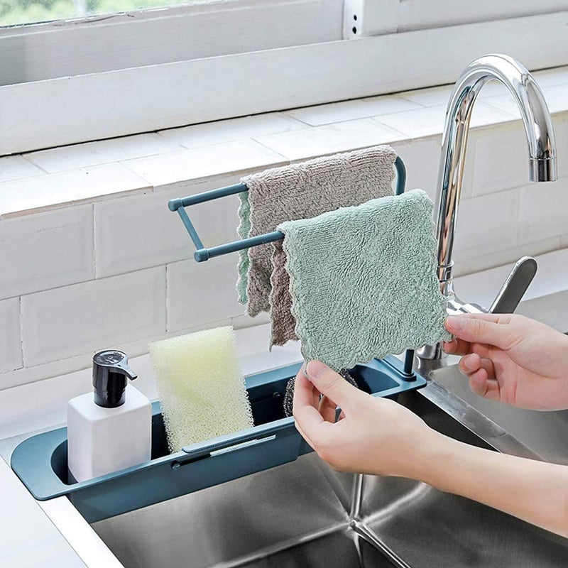 NOBILEA Expandable Telescopic Sink Storage Rack Adjustable Length Sink Organizer Tray Sponge Soap Holder with Dishcloth Hanger Expandable Storage Drain Basket for Home Kitchen 1Ps - Image 1