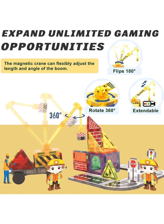 Loquat Magnetic Tiles Road Set with 2 Cranes  Double-Sided Magnet Tiles,Boys Toys for Ages 3-5 5-7 8-12,STEM Magnetic Building Construction Toys Include Car,Stations,Dolls,Roads,Signs,Gifts for 3+ Kids - Image 3