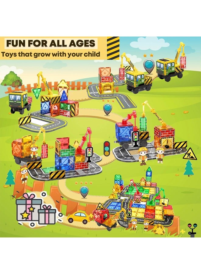 Loquat Magnetic Tiles Road Set with 2 Cranes  Double-Sided Magnet Tiles,Boys Toys for Ages 3-5 5-7 8-12,STEM Magnetic Building Construction Toys Include Car,Stations,Dolls,Roads,Signs,Gifts for 3+ Kids - Image 4