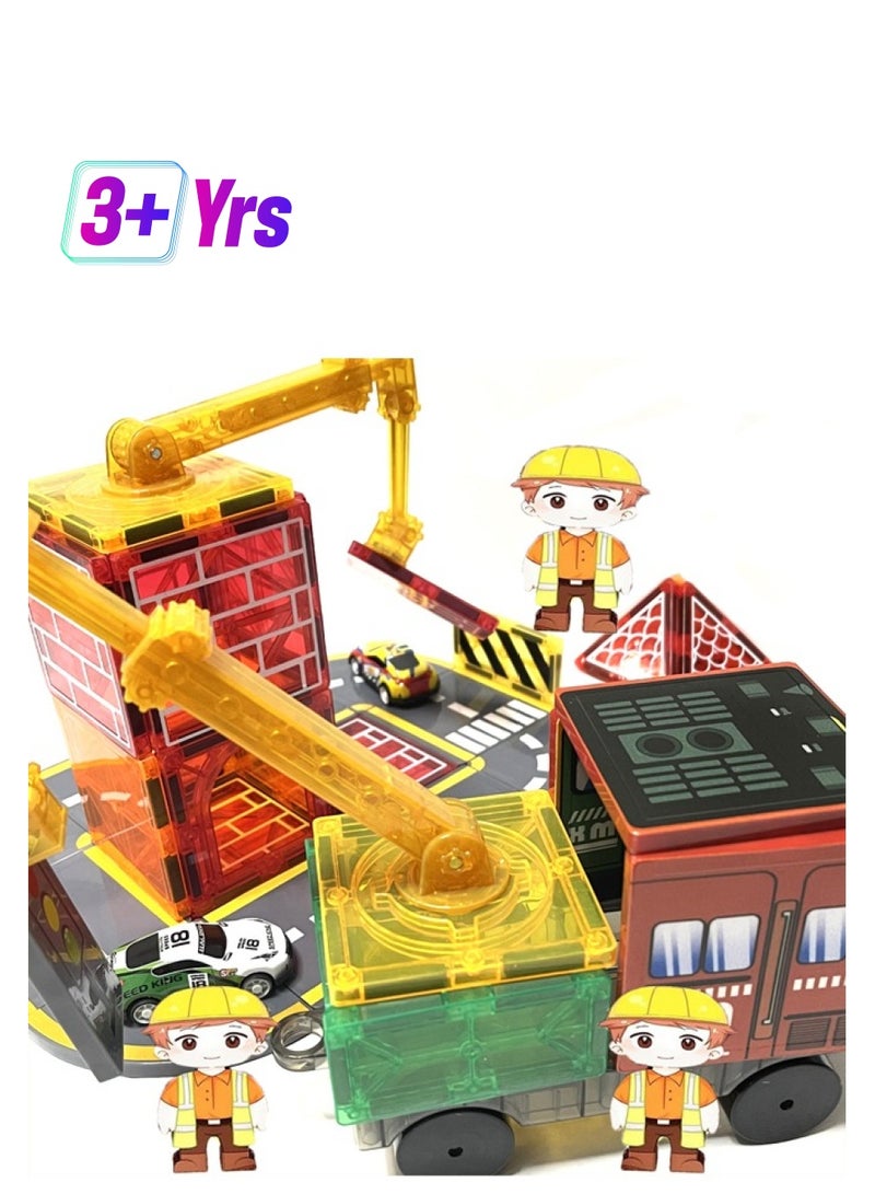Loquat Magnetic Tiles Road Set with 2 Cranes  Double-Sided Magnet Tiles,Boys Toys for Ages 3-5 5-7 8-12,STEM Magnetic Building Construction Toys Include Car,Stations,Dolls,Roads,Signs,Gifts for 3+ Kids - Image 1