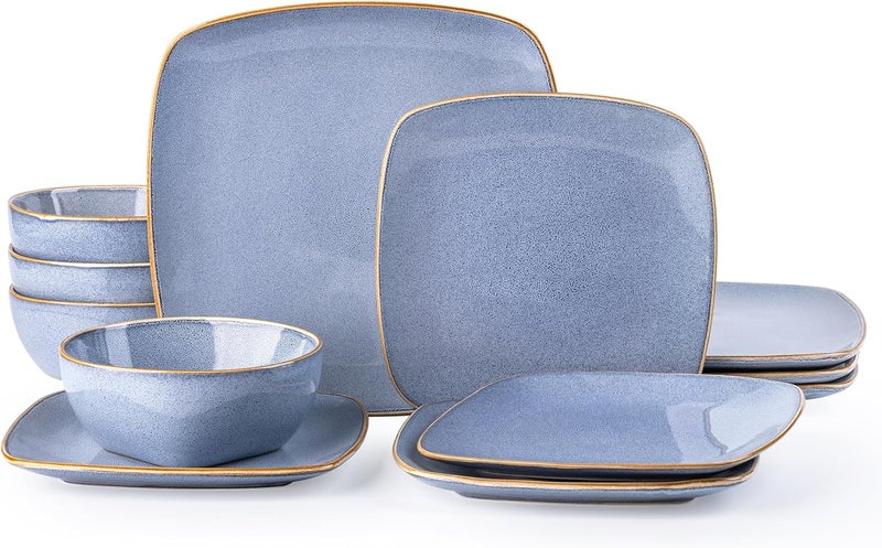 AmorArc أطقم أدوات المائدة الخزفية من AmorArc لـ 4 أشخاص 12 قطعة أطباق مربعة مرسومة يدويًا وأوعية مجموعة مقاومة للكسر والخدش أطباق خزفية آمنة في غسالة الصحون والميكروويف باللون الأزرق التفاعلي - Image 1