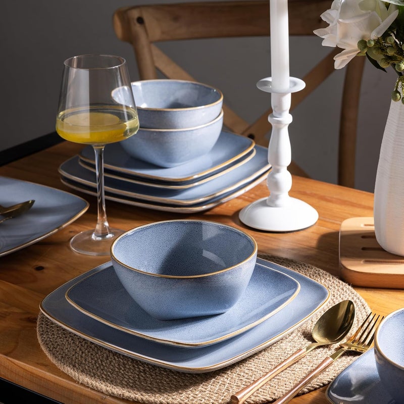 AmorArc أطقم أدوات المائدة الخزفية من AmorArc لـ 4 أشخاص 12 قطعة أطباق مربعة مرسومة يدويًا وأوعية مجموعة مقاومة للكسر والخدش أطباق خزفية آمنة في غسالة الصحون والميكروويف باللون الأزرق التفاعلي - Image 5