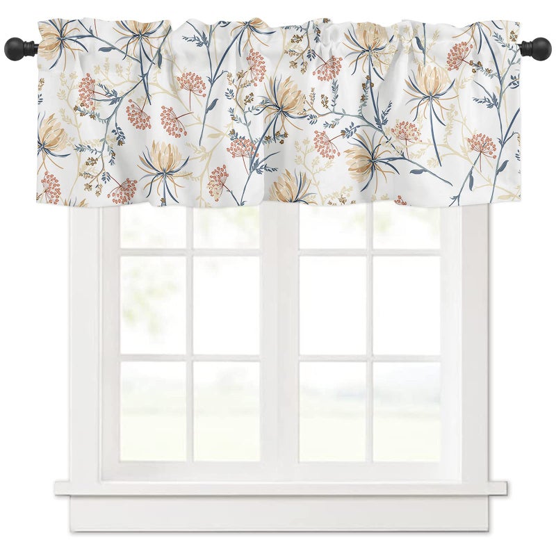 YOKOU Curtain Valance  Spring Flower Print Leaves Minimalist Art Short Rod Pocket Window Treatment for Living Room  Bedroom  Kitchen  Bathroom  1 Panel  42"" X 12"" - Image 1