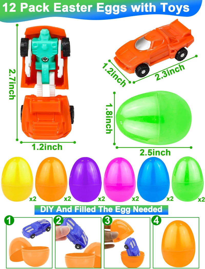 AMENON 12 Pack Easter Eggs with Transform Car Toys For Boys, Easter Basket Stuffers Transform Vehicle Robot For Kids Boys Easter Egg Hunts Classroom Prize Supplies Fillers Party Favors - Image 2