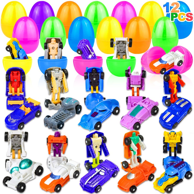AMENON 12 Pack Easter Eggs with Transform Car Toys For Boys, Easter Basket Stuffers Transform Vehicle Robot For Kids Boys Easter Egg Hunts Classroom Prize Supplies Fillers Party Favors - Image 1