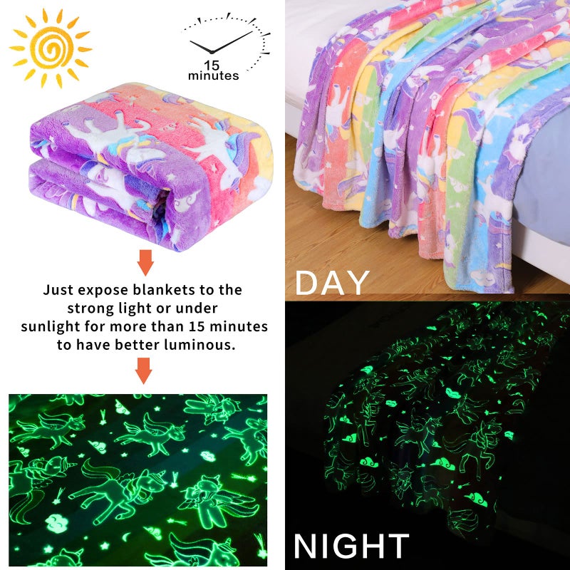 Wesan Glow in The Dark Blanket Unicorns Gifts for Girls Birthday Gift Halloween Super Cute Soft Cozy Rainbow Unicorn Star Flannel Luminous Magic Throw Thanksgiving Decor 50"x60" - Image 2