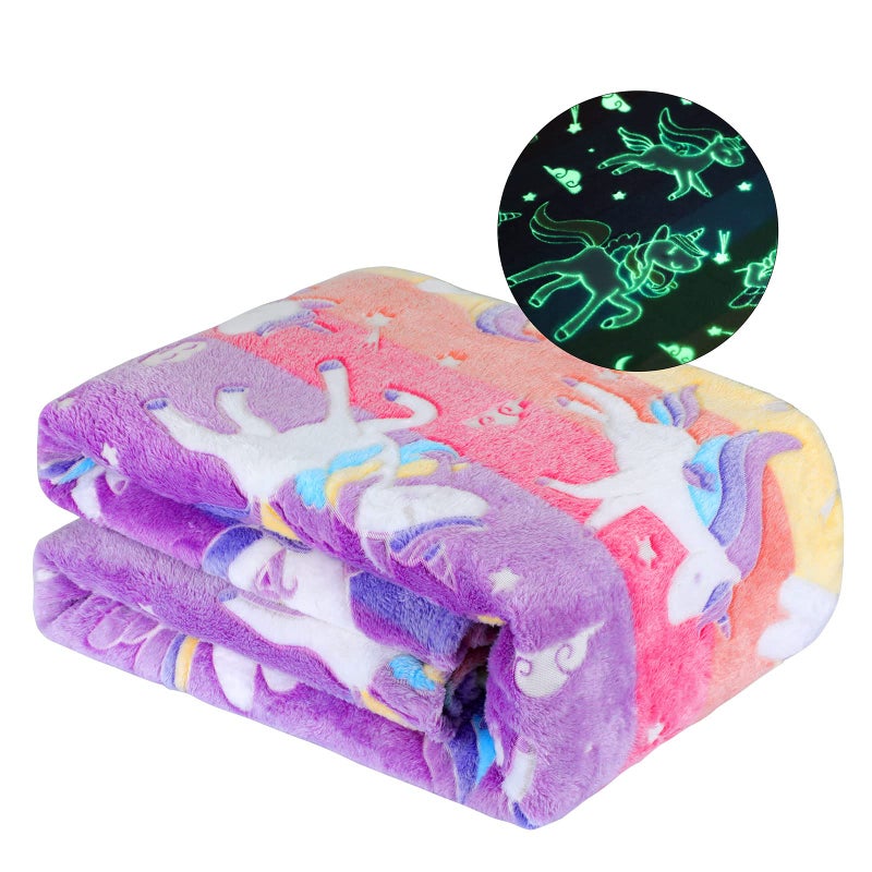 Wesan Glow in The Dark Blanket Unicorns Gifts for Girls Birthday Gift Halloween Super Cute Soft Cozy Rainbow Unicorn Star Flannel Luminous Magic Throw Thanksgiving Decor 50"x60" - Image 1