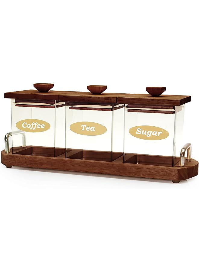 BILLI Coffee Tea And Sugar Canister Set With Wooden Lid And Stand - Image 1