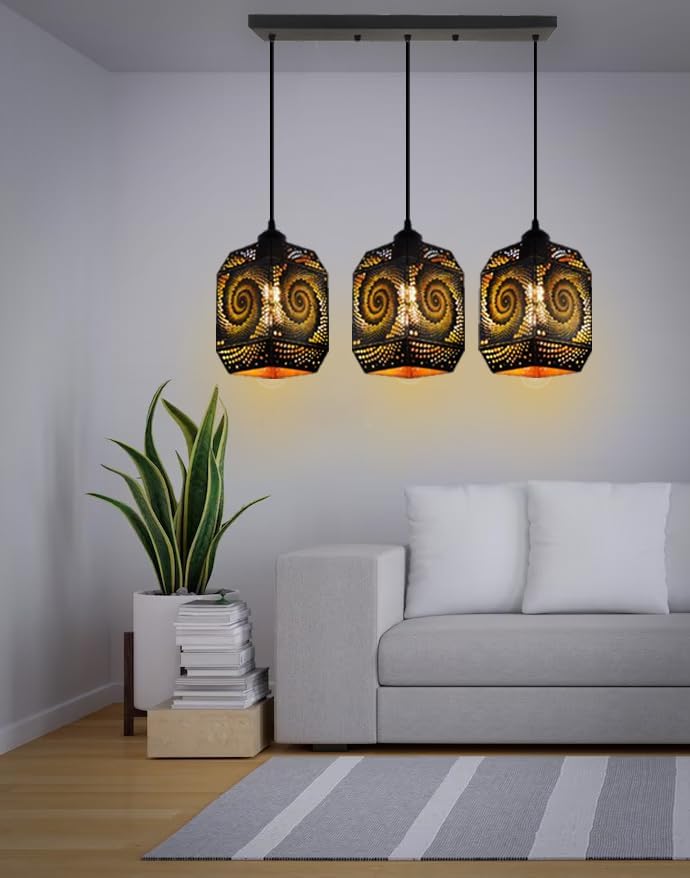 KINIS Spiral Design Lezar Cutting Linear Cluster Pendant Light/Cluster Hanging Light/Cluster Ceiling Light/Three Pendant Lamp to Décor Home/Bedroom/Office/Dining/Cafe/Restaurants (with Bulb) - Image 3