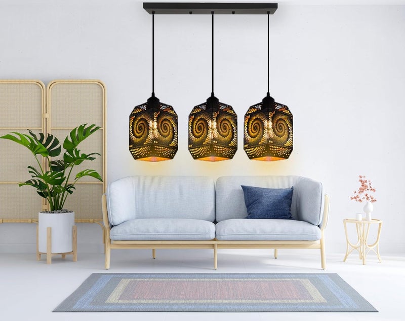 KINIS Spiral Design Lezar Cutting Linear Cluster Pendant Light/Cluster Hanging Light/Cluster Ceiling Light/Three Pendant Lamp to Décor Home/Bedroom/Office/Dining/Cafe/Restaurants (with Bulb) - Image 1