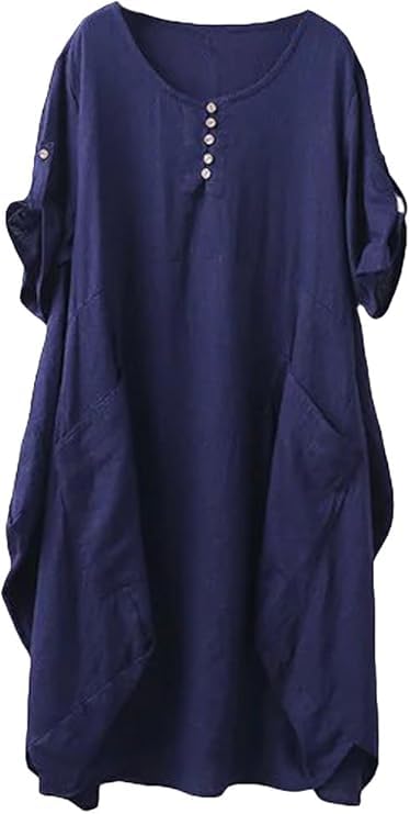 Minibee Womens Ruffle Oversize Casual Midi Dresses with Pockets Navy Blue L
