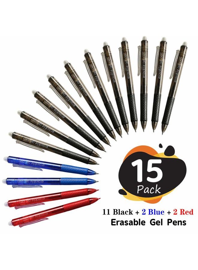 Lineon Erasable Gel Pens, 15 Pack Retractable Erasable Pens Clicker, Fine Point, Make Mistakes Disappear, 11 Black 2 Blue 2 Red Inks for Writing Planner and Crossword Puzzles - Image 2