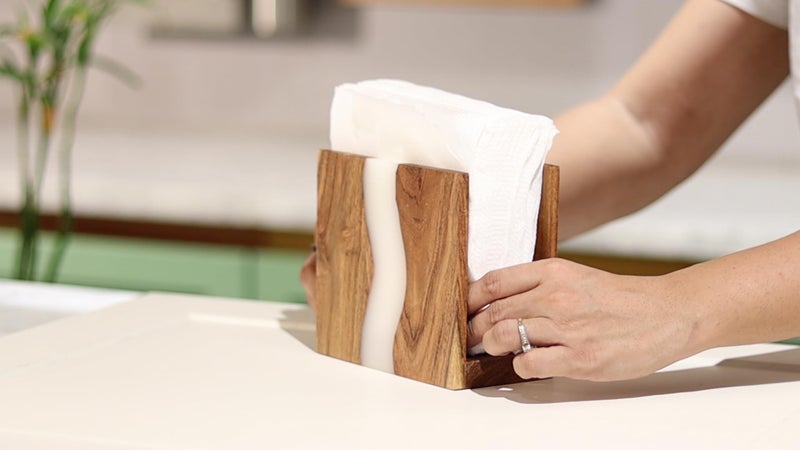 LAVAUK Acacia wood & Transparent Epoxy resin Napkin holder for table, Rustic farmhouse napkin organisation for kitchen, dining, counter tops, restaurant or outdoors | 6x5x2.5 inches|(Cloudy White) - Image 3