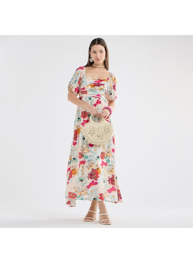 Splash FAV All-Over Floral Print Maxi Dress with Square Neck and Short Sleeves  - Image 1