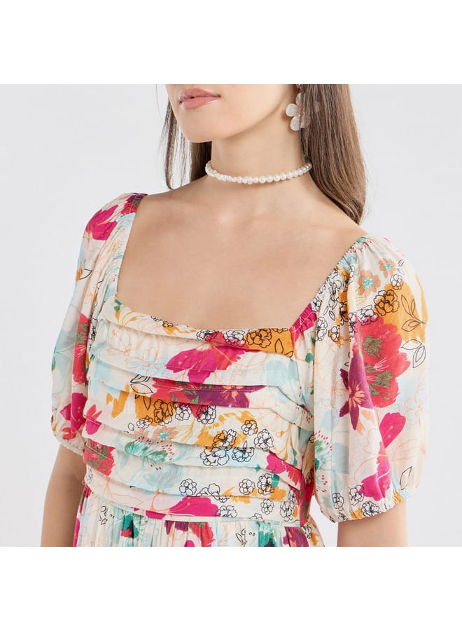Splash FAV All-Over Floral Print Maxi Dress with Square Neck and Short Sleeves  - Image 4