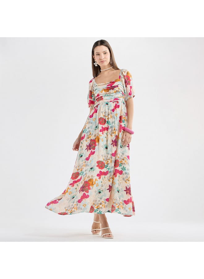 Splash FAV All-Over Floral Print Maxi Dress with Square Neck and Short Sleeves  - Image 2