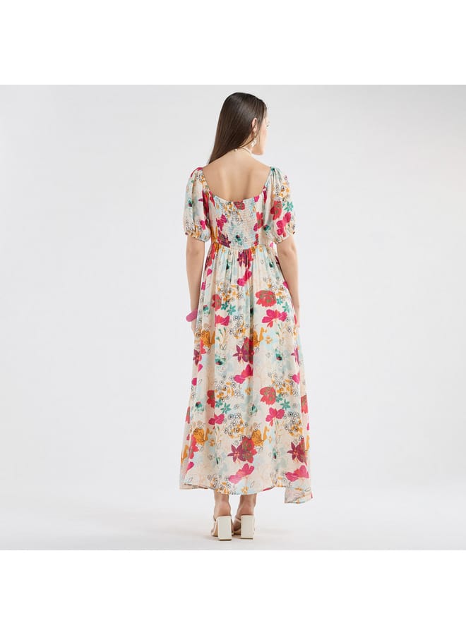 Splash FAV All-Over Floral Print Maxi Dress with Square Neck and Short Sleeves  - Image 3