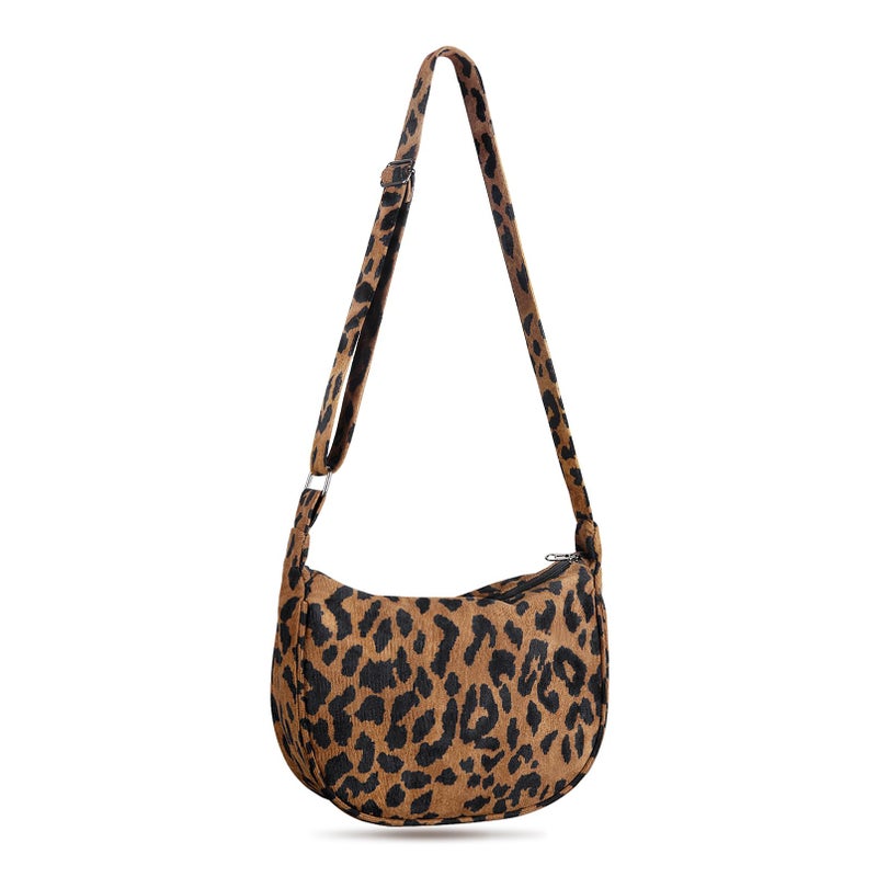 FITDON Corduroy Crescent Crossbody Bag for Women Men, Small Sling Hobos Crossbody Bag Dumpling Bag Crescent Purse with Adjustable Strap, Leopard - Image 1
