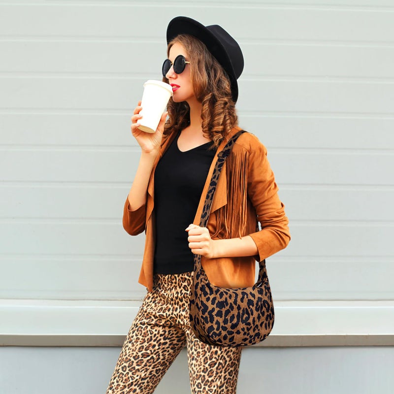 FITDON Corduroy Crescent Crossbody Bag for Women Men, Small Sling Hobos Crossbody Bag Dumpling Bag Crescent Purse with Adjustable Strap, Leopard - Image 3