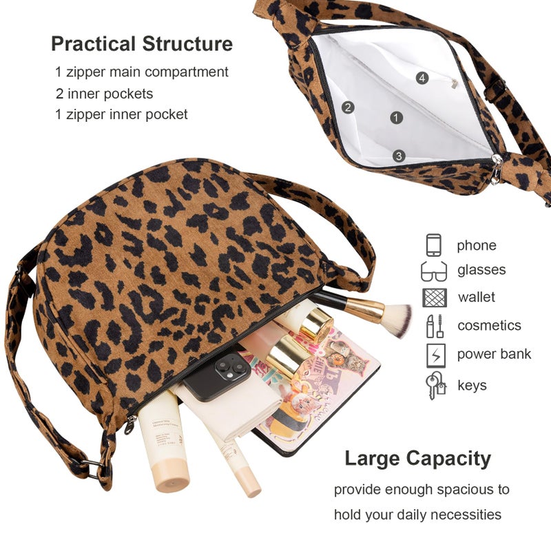 FITDON Corduroy Crescent Crossbody Bag for Women Men, Small Sling Hobos Crossbody Bag Dumpling Bag Crescent Purse with Adjustable Strap, Leopard - Image 5