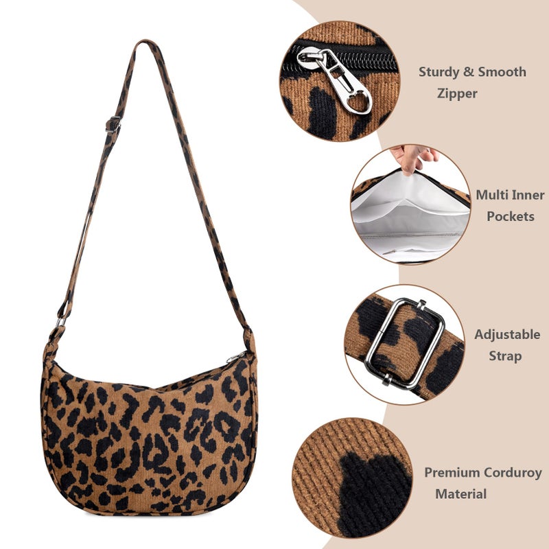 FITDON Corduroy Crescent Crossbody Bag for Women Men, Small Sling Hobos Crossbody Bag Dumpling Bag Crescent Purse with Adjustable Strap, Leopard - Image 4