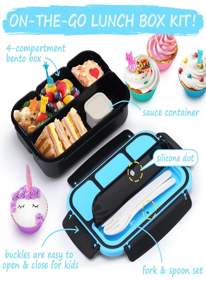 QQKO Bento Box for Kids Adults, School Toddler Lunch Box for Boys Girls, Lunch Box Containers with 4 Compartments, Sauce Container, Utensils, Food Picks and Muffin Cups for School, Black Blue - Image 3