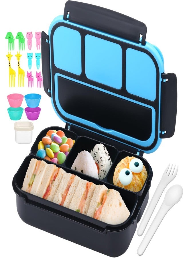 QQKO Bento Box for Kids Adults, School Toddler Lunch Box for Boys Girls, Lunch Box Containers with 4 Compartments, Sauce Container, Utensils, Food Picks and Muffin Cups for School, Black Blue - Image 1
