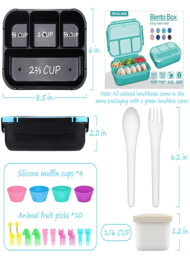 QQKO Bento Box for Kids Adults, School Toddler Lunch Box for Boys Girls, Lunch Box Containers with 4 Compartments, Sauce Container, Utensils, Food Picks and Muffin Cups for School, Black Blue - Image 2