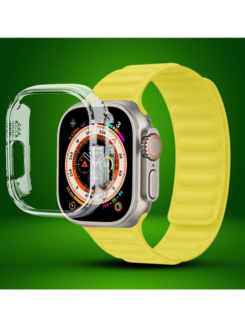 CATANES 2 Packs For Apple Watch Band 49mm Leather Link Strap Magnetic Loop Bracelet and Clear Cup Holder Light Yellow  - Image 2