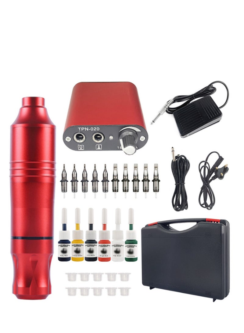 Generic Portable Tattoo Machine Kit, Professional Rotary Tattoo Pen Set 10pcs Tatto Cartridge Needle Accessories & 6 Color Ink for Beginner Tattoo Artist, Red  - Image 1
