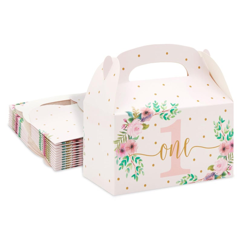 BLUE PANDA Treat Boxes 62 x 36 x 33 in Pink Floral Pack of 24 EasyFold Gable Boxes Party Favor Containers with Handle for Candy 1st Birthday Girl - Image 3