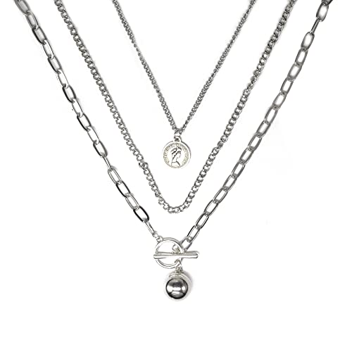 YERTTER Dainty Emo Necklace Layering Chain Choker Necklace Boho Jewelry Set Layered Silver Coin Pendant Statement Chunky Chain Necklace Valentine's Day Giftfor Women Man - Image 2