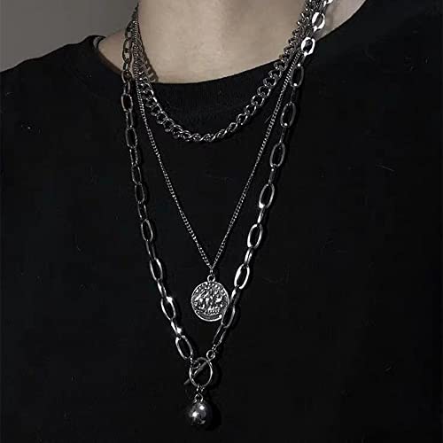 YERTTER Dainty Emo Necklace Layering Chain Choker Necklace Boho Jewelry Set Layered Silver Coin Pendant Statement Chunky Chain Necklace Valentine's Day Giftfor Women Man - Image 3