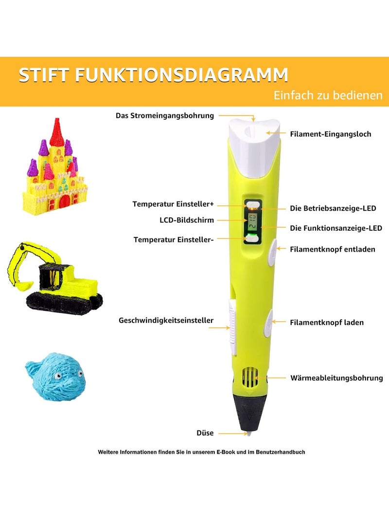 3D Printer Pen Set for Kids & Adults – Includes 12 Colors of 1.75mm PLA Filament (3m per Color), Ideal Gift for Creativity & Art, 02A Yellow