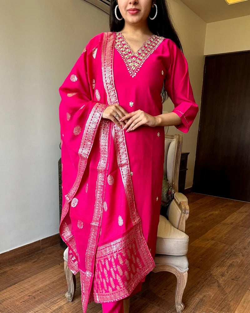 Florely Women's Viscose Chanderi Silk Embroidery Kurta Bottom Set, and Dupatta Set Traditional Kurta Set for Women Cotton Kurtis for Women Latest (in, Alpha, 2XL, Regular, Pink) - Image 4